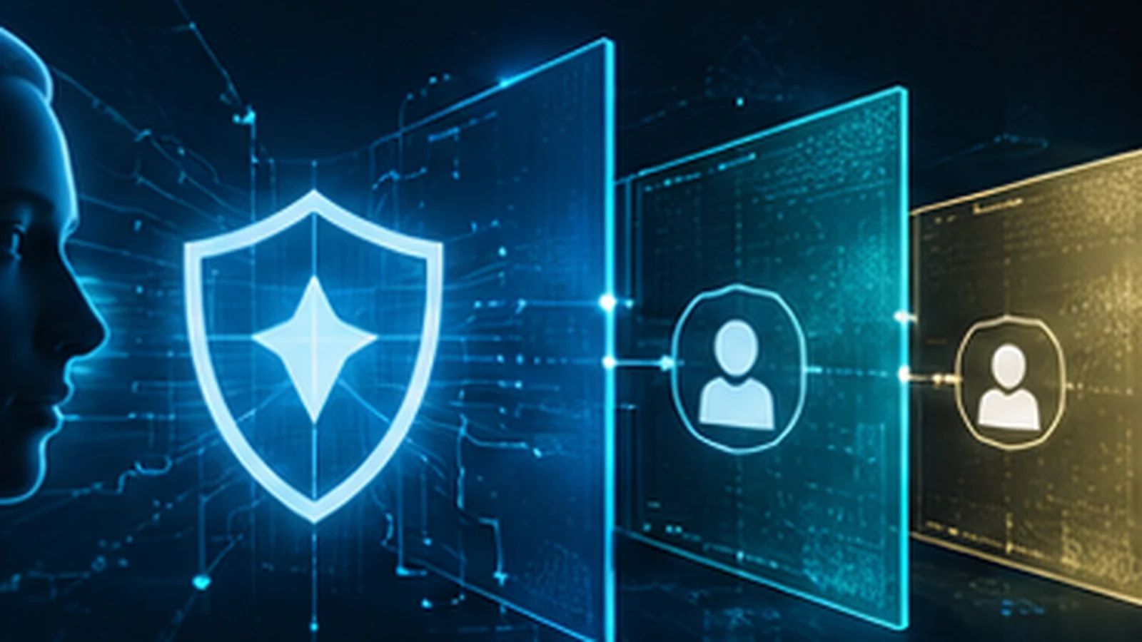 AI security shield overseeing a network of autonomous agents.