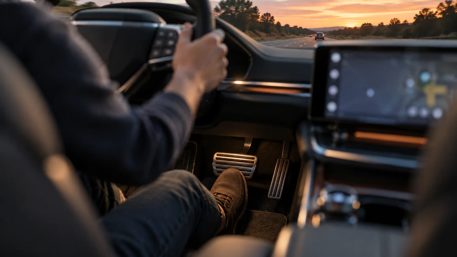 Editorial illustration of a driver’s foot poised above a brake pedal in a modern car at dusk.