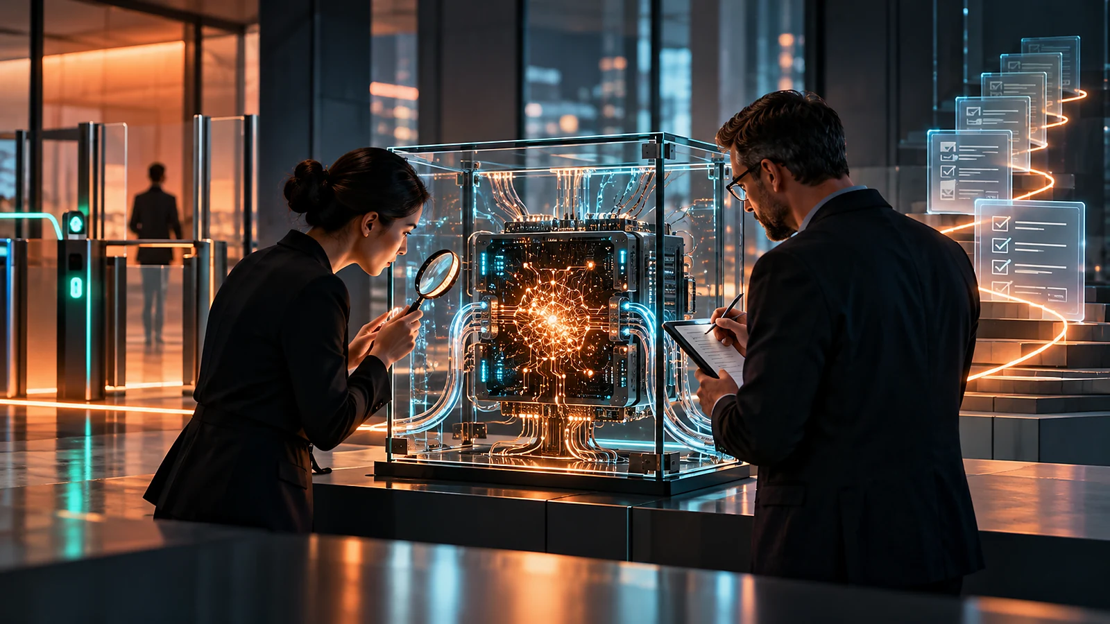Two independent reviewers examine an AI system under transparent technical oversight.