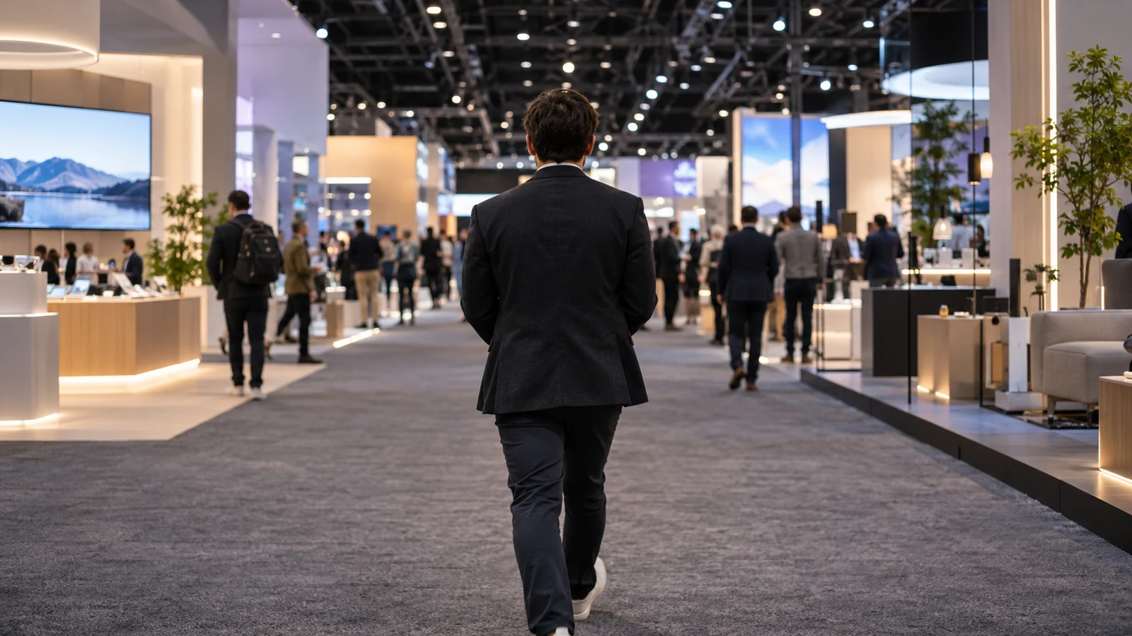 Editorial illustration of an attendee walking through a technology exhibition hall.