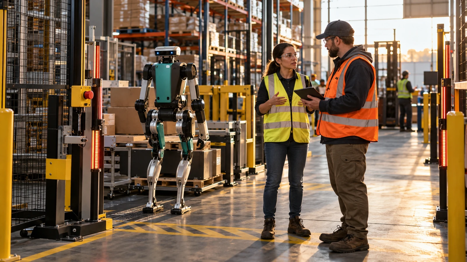 Warehouse safety staff discussing controls near a humanoid robot inside a fenced industrial work zone.