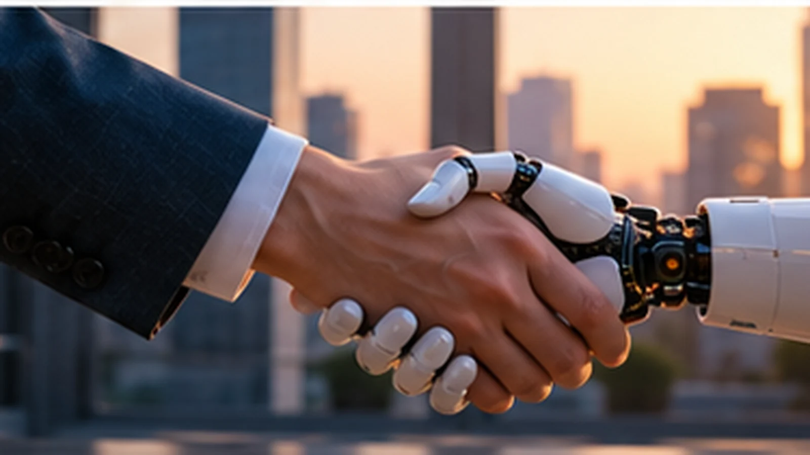 Human and AI collaboration represented by a handshake and connected enterprise workflows.